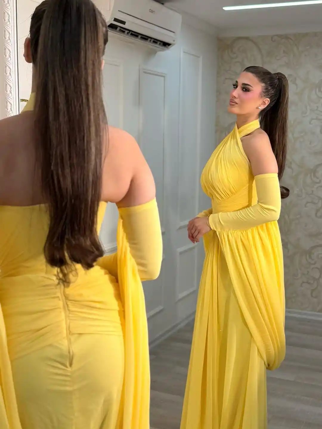 فستان سهرة أصفر أنيق من الجورجيت – إطلالة مفعمة - Image 3