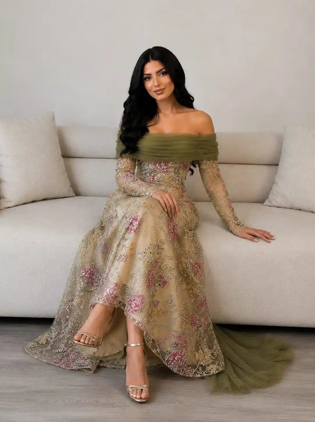 فستان سهرة مشجر زيتي مع قماش باربي كوري وتل تايواني – فخامة أنثوية ساحرة - Image 2