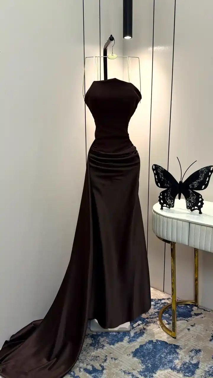 فستان سهرة بني أنيق من التفتا الاسترتش وقماش باربي - Image 8