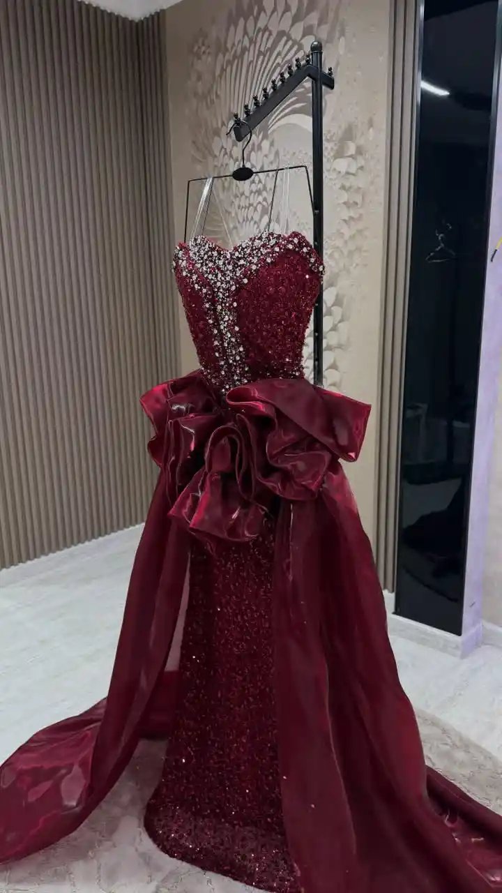 فستان سهرة عودي فاخر بتطريز يدوي وكلفة خرز دبل كلوش - Image 5