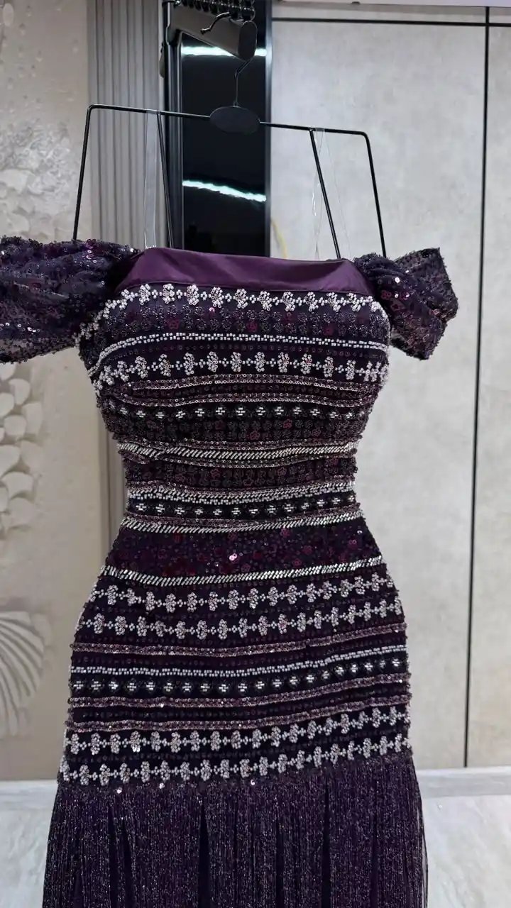 فستان سهرة تل دبل كلوش مطرز بالخرز والهدب - إطلالة ملوكية ساحرة - Image 3